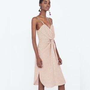 Zara Gingham Midi Dress Orange White Tie Front Button Sundress S
